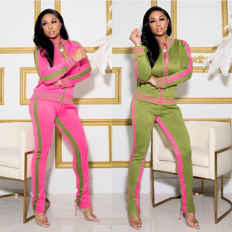 Contrast Color Active Wear Outfit Zipper Up Coat Long Sleeve Tracksuits Two Pieces Pants Set For Women Pants Set With Spliced