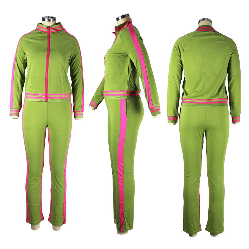 Contrast Color Active Wear Outfit Zipper Up Coat Long Sleeve Tracksuits Two Pieces Pants Set For Women Pants Set With Spliced