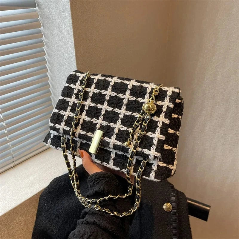 Contrast Women's Bags Luxury Designer Handbag Woolen Knitted Small Ladies Handbags Tweed Chain Shoulder Messenger Bags for Women