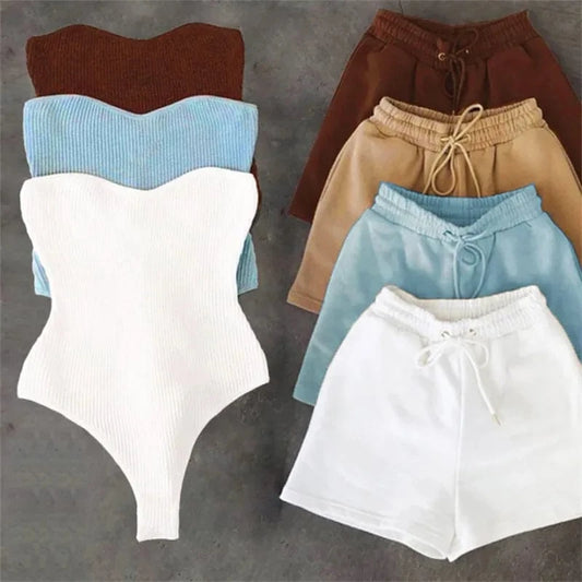 Cotton Shorts Pant Set Women Jogging Sweat Suit Clothing Bodysuit 2 Piece Set Plain Joggers Custom Logo Two Piece Pants Set