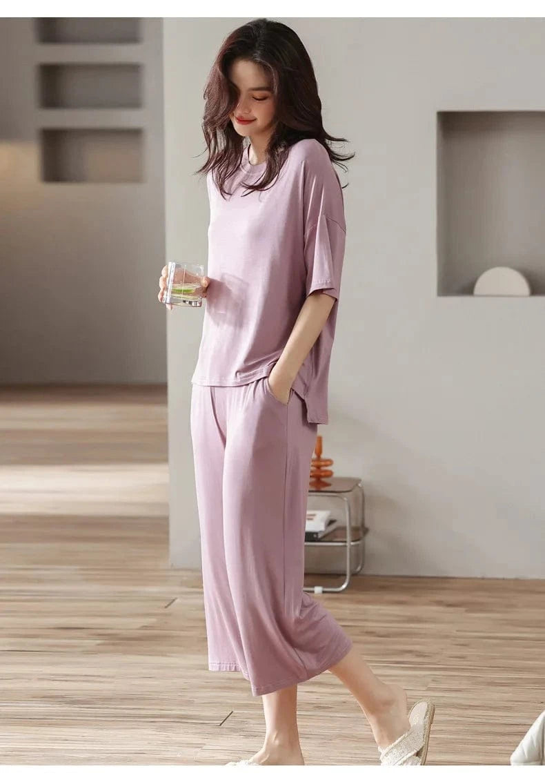 Cozy modal spandex crew neck short sleeve t shirt with short two piece sets lounge wear live room wearing sleeve wear