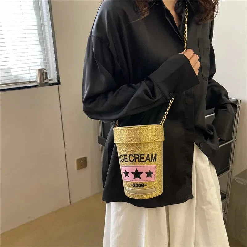 Creative Funny Embroidery Letters Women Barrel-shaped Purses Handbags Cylinder Shoulder Bags Ladies Laser Glitter Messenger Bag