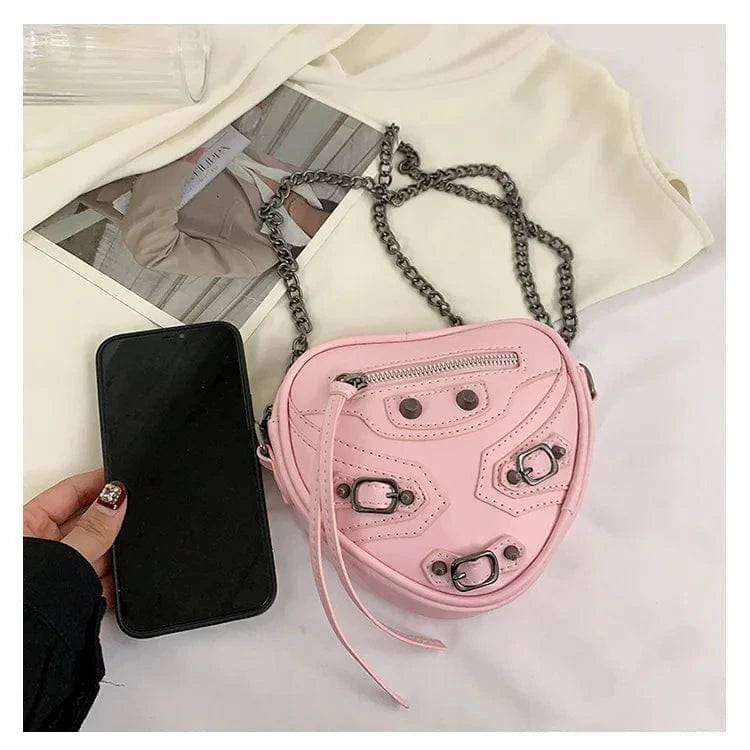 Creative Love Heart Purses Riveted Women's One Shoulder Crossbody Bag Mini Motorcycle Handbags Small Y2K Girls Messenger