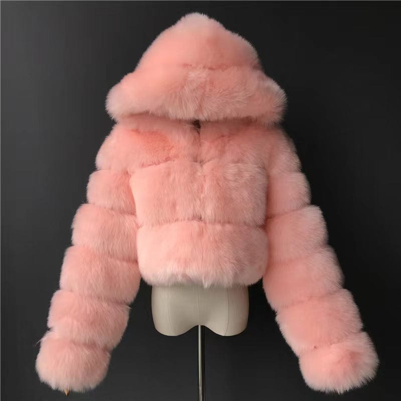Cropped Winter Coat Jacket Women Faux Fox Fur Coat with Hood Fashion Short Style Fake Fur Coat for Lady