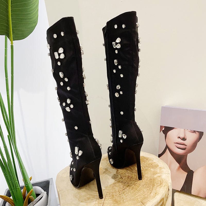 CRYSTAL Decorate Motorcycle Boots Over Knee Sexy Street Style Stilettos Pointed Toe High Heels Shoes Zipper Long Women's Boots