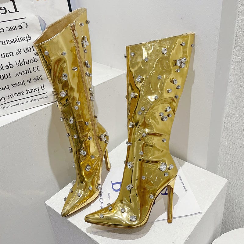 CRYSTAL Decorate Motorcycle Boots Over Knee Sexy Street Style Stilettos Pointed Toe High Heels Shoes Zipper Long Women's Boots