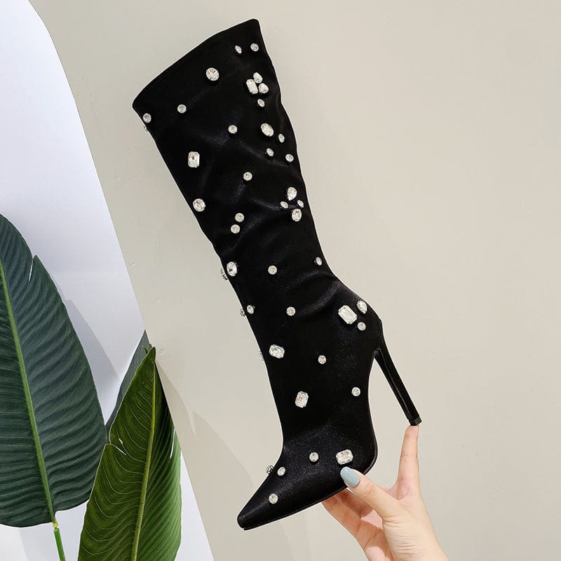 CRYSTAL Decorate Motorcycle Boots Over Knee Sexy Street Style Stilettos Pointed Toe High Heels Shoes Zipper Long Women's Boots