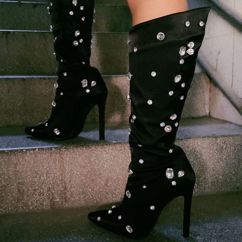 CRYSTAL Decorate Motorcycle Boots Over Knee Sexy Street Style Stilettos Pointed Toe High Heels Shoes Zipper Long Women's Boots