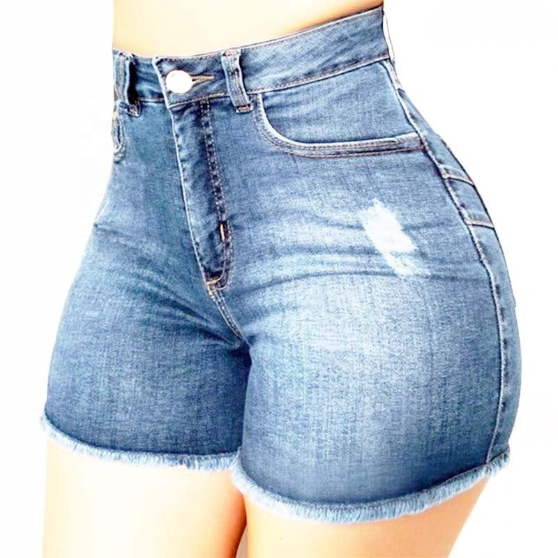 Custom Fashion Push Up Wash Spandex Skinny Blue Stretchy Denim Women's Shorts Plus Size Summer High Waist Jean Shorts For Women