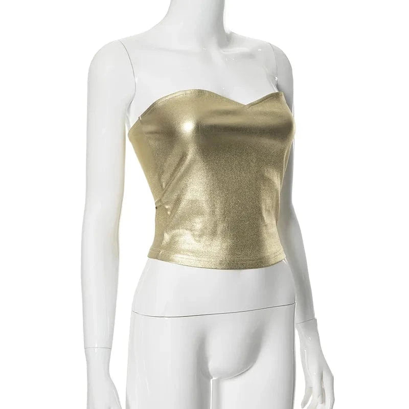 custom logo female women ladies sexy metallic silver golden black strapless boob tube top women high street clothing clothes