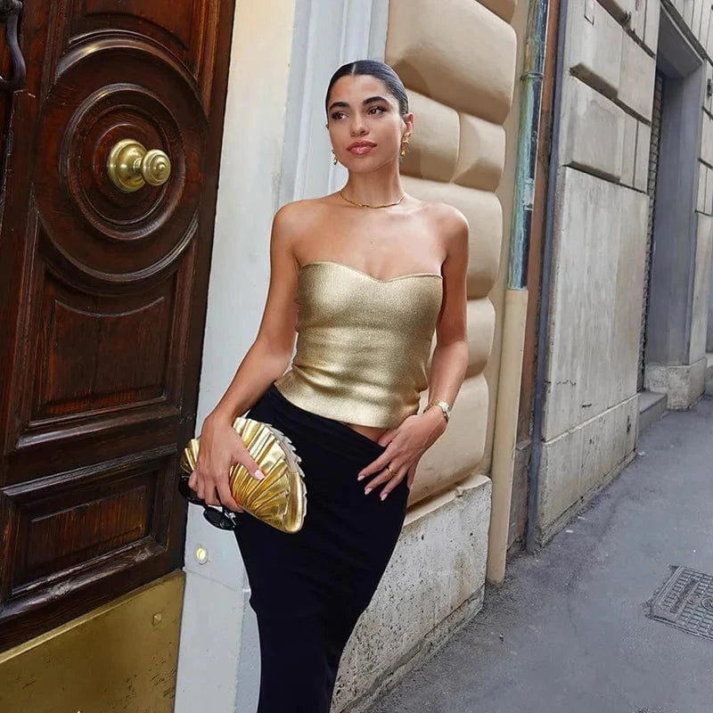 custom logo female women ladies sexy metallic silver golden black strapless boob tube top women high street clothing clothes