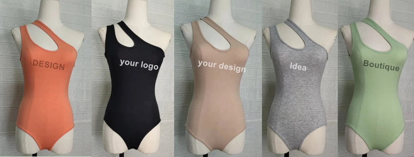Custom logo print Rayon knit rib elastic plus size Summer orange blue jumpsuit tank top outfit  bodysuit women sexy romper