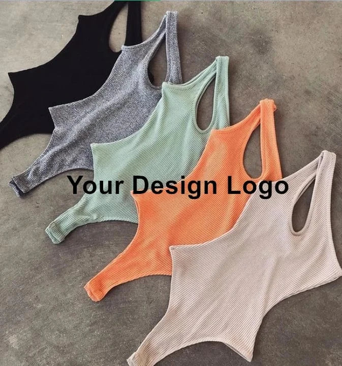 Custom logo print Rayon knit rib elastic plus size Summer orange blue jumpsuit tank top outfit  bodysuit women sexy romper