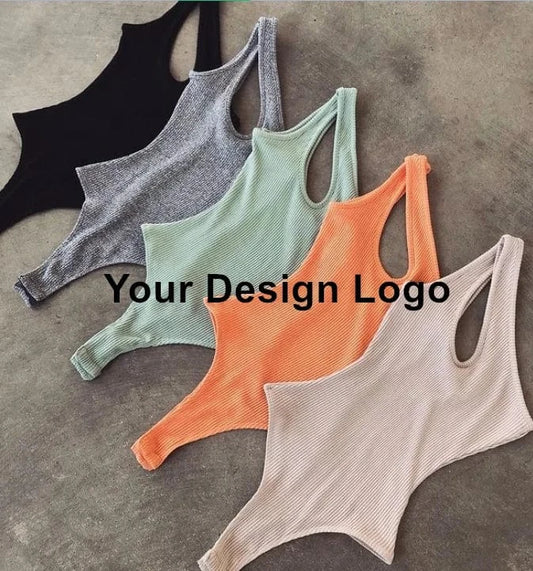 Custom logo print Rayon knit rib elastic plus size Summer orange blue jumpsuit tank top outfit  bodysuit women sexy romper