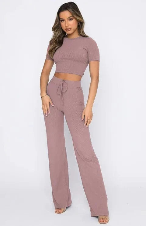 Custom logo Rib knitted Solid color elastic Crop top t shirt and pant two piece set for women clothing