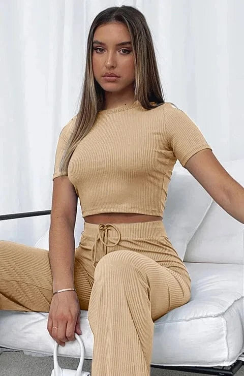 Custom logo Rib knitted Solid color elastic Crop top t shirt and pant two piece set for women clothing