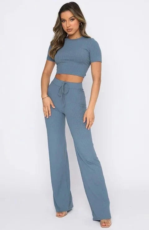 Custom logo Rib knitted Solid color elastic Crop top t shirt and pant two piece set for women clothing