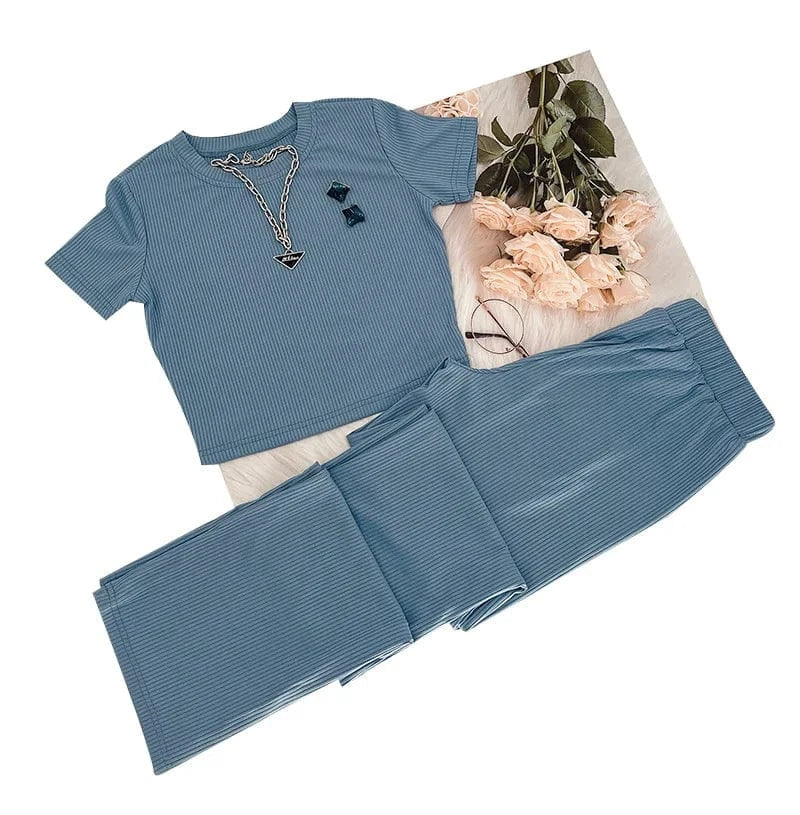 Custom logo Rib knitted Solid color elastic Crop top t shirt and pant two piece set for women clothing