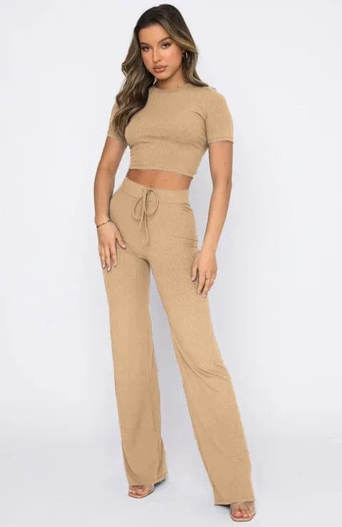 Custom logo Rib knitted Solid color elastic Crop top t shirt and pant two piece set for women clothing