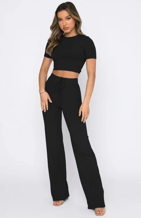 Custom logo Rib knitted Solid color elastic Crop top t shirt and pant two piece set for women clothing