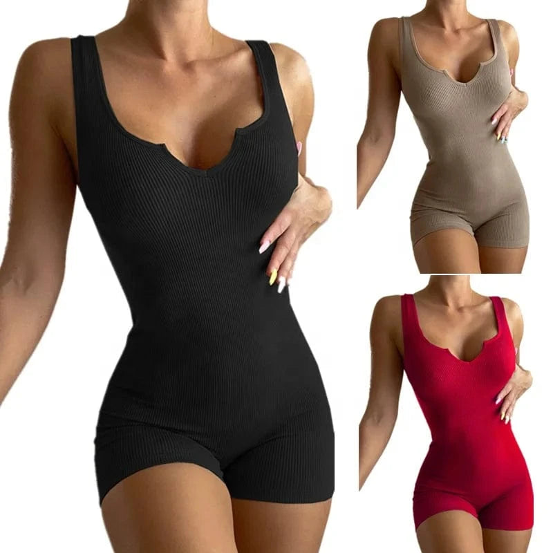 Custom Logo round V neck sleeveless rib short leg slim bodysuit summer jumpsuit for woman
