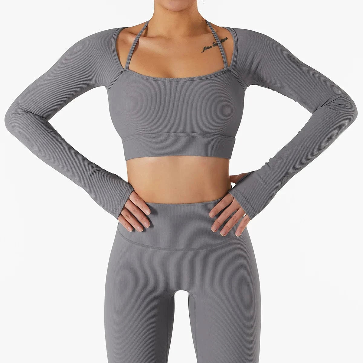 Custom Long Sleeve Ribbed Yoga Set Two Piece Biker Shorts Fitness Workout Gym Set Seamless Active Wear for Women