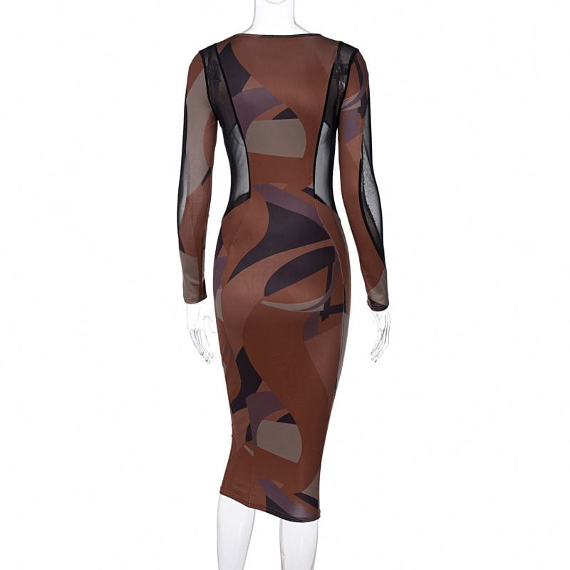 Custom Lygens 2022 Stiped Print Patchwork Mesh O Neck Long Sleeve Skinny Midi Dress Spring Women Elegant Elastic Outfits Clothes