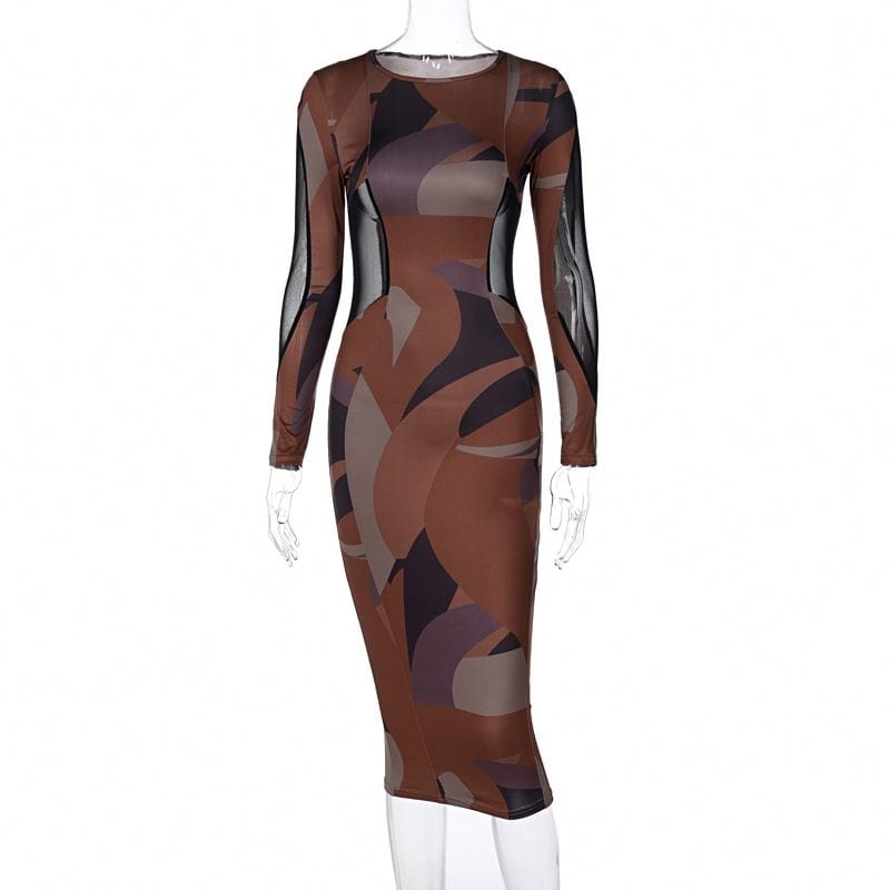 Custom Lygens 2022 Stiped Print Patchwork Mesh O Neck Long Sleeve Skinny Midi Dress Spring Women Elegant Elastic Outfits Clothes