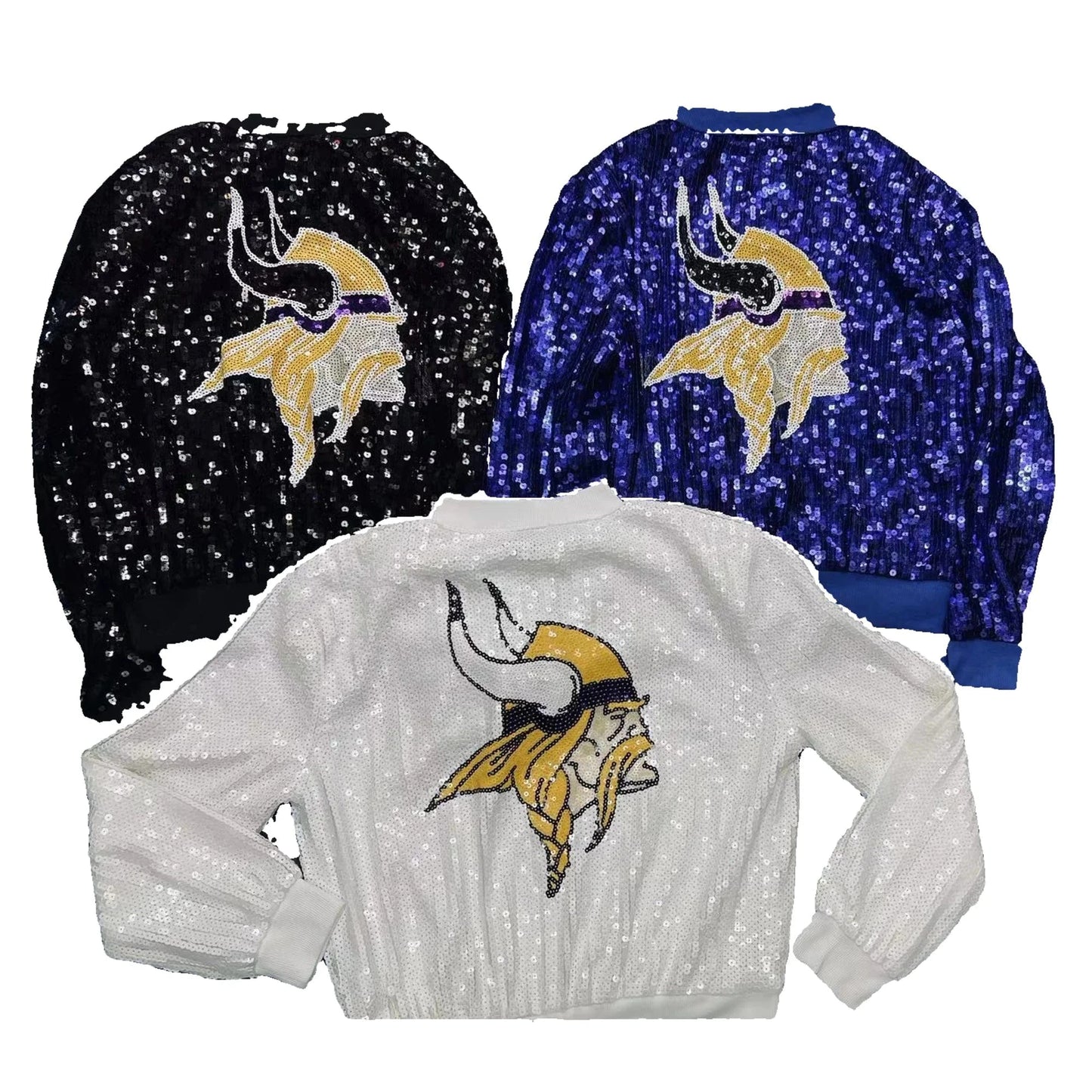 custom nfl vikings stand-up collar fashion short zipper coat sequins girl's plus size sports uniform women sequins jacket