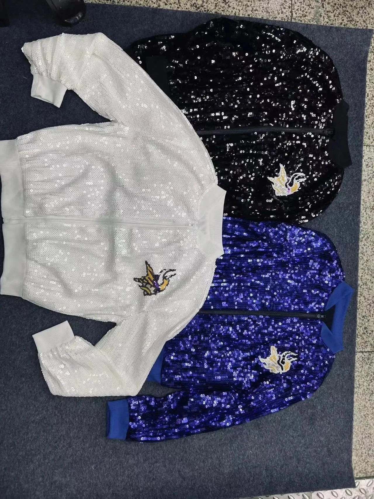 custom nfl vikings stand-up collar fashion short zipper coat sequins girl's plus size sports uniform women sequins jacket