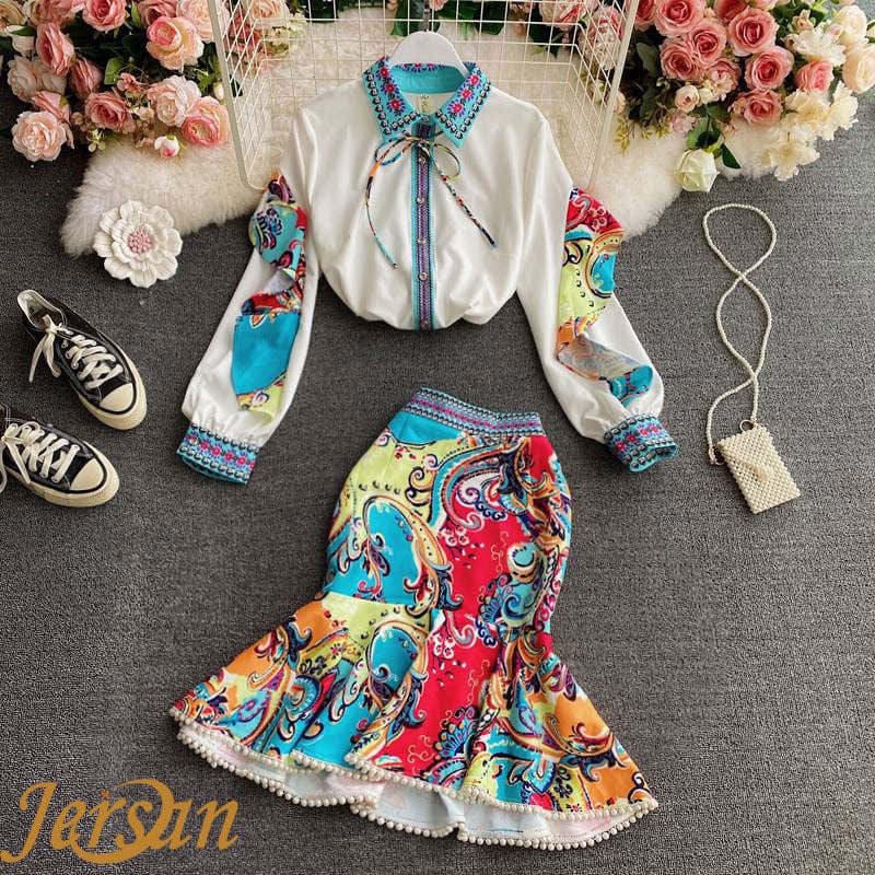 Custom Women Fashion Turn Down Collar Tie Neck Long Sleeve Shirt with Print Mermaid Skirt Set Kleid vestito sukienka jurk kjole