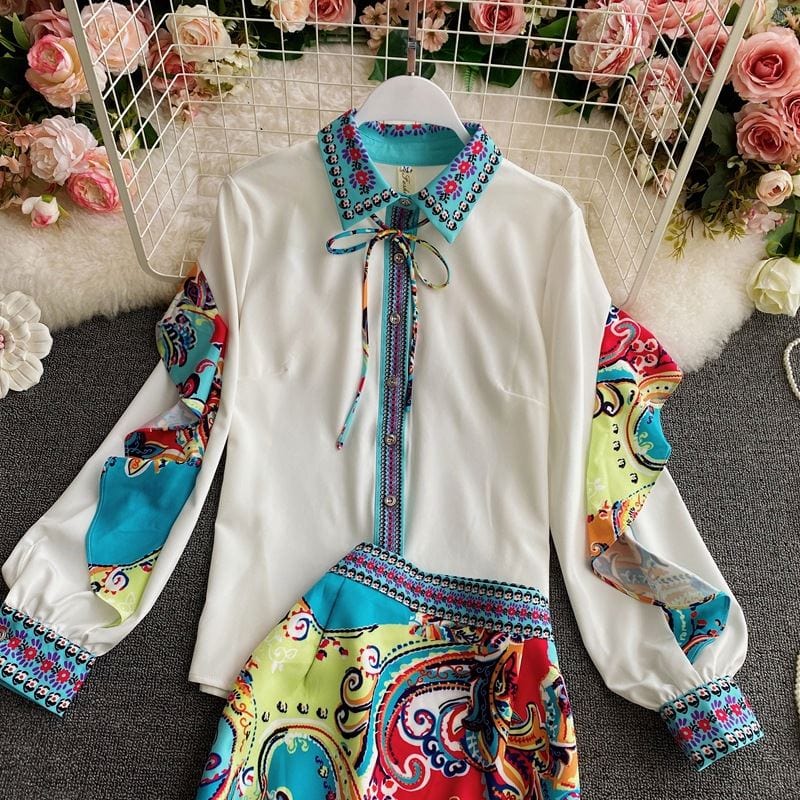 Custom Women Fashion Turn Down Collar Tie Neck Long Sleeve Shirt with Print Mermaid Skirt Set Kleid vestito sukienka jurk kjole