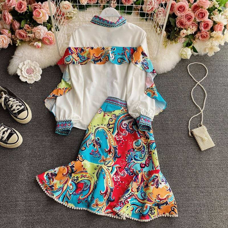 Custom Women Fashion Turn Down Collar Tie Neck Long Sleeve Shirt with Print Mermaid Skirt Set Kleid vestito sukienka jurk kjole