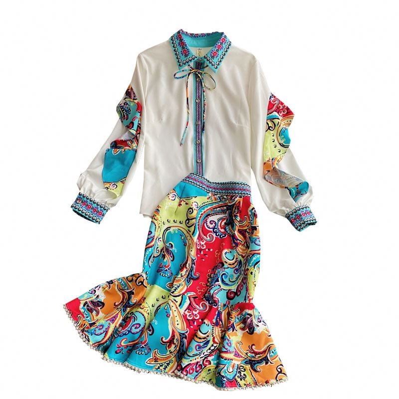 Custom Women Fashion Turn Down Collar Tie Neck Long Sleeve Shirt with Print Mermaid Skirt Set Kleid vestito sukienka jurk kjole
