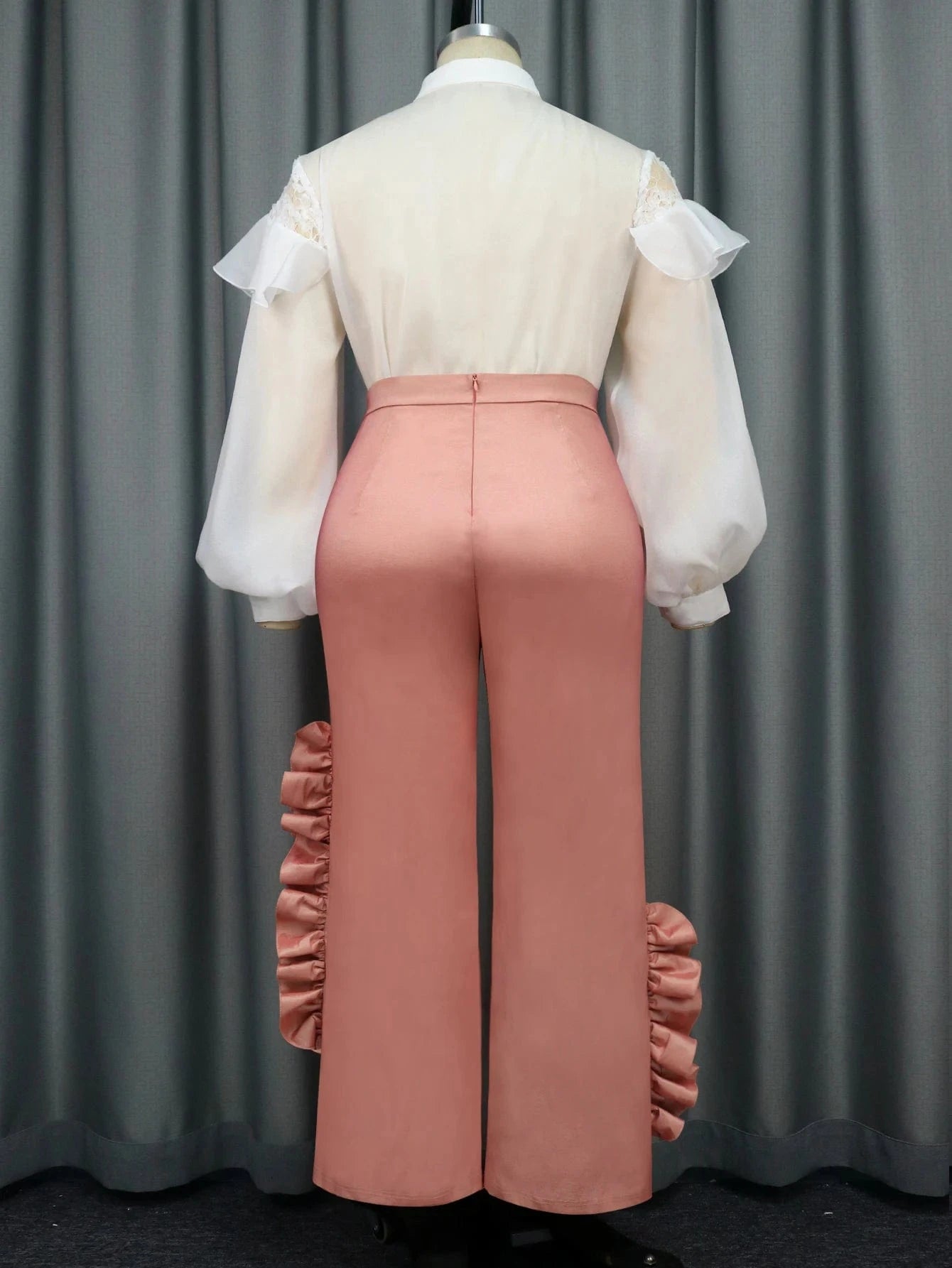 Customize Plus Size Shinny Pant Lace Shirt Women Career Two Pieces Set