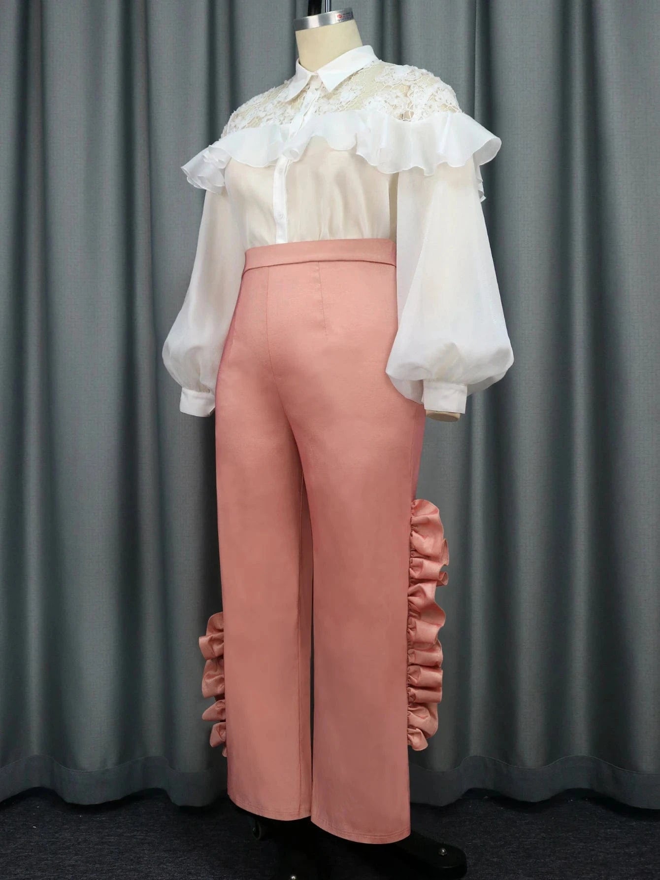 Customize Plus Size Shinny Pant Lace Shirt Women Career Two Pieces Set