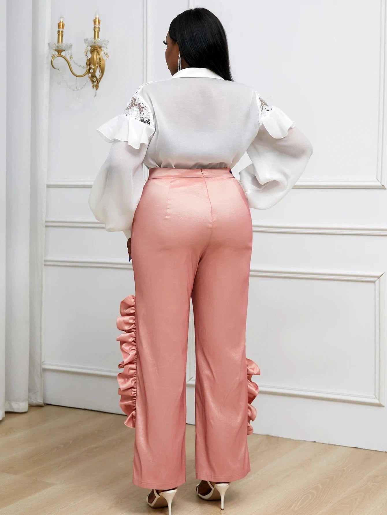 Customize Plus Size Shinny Pant Lace Shirt Women Career Two Pieces Set