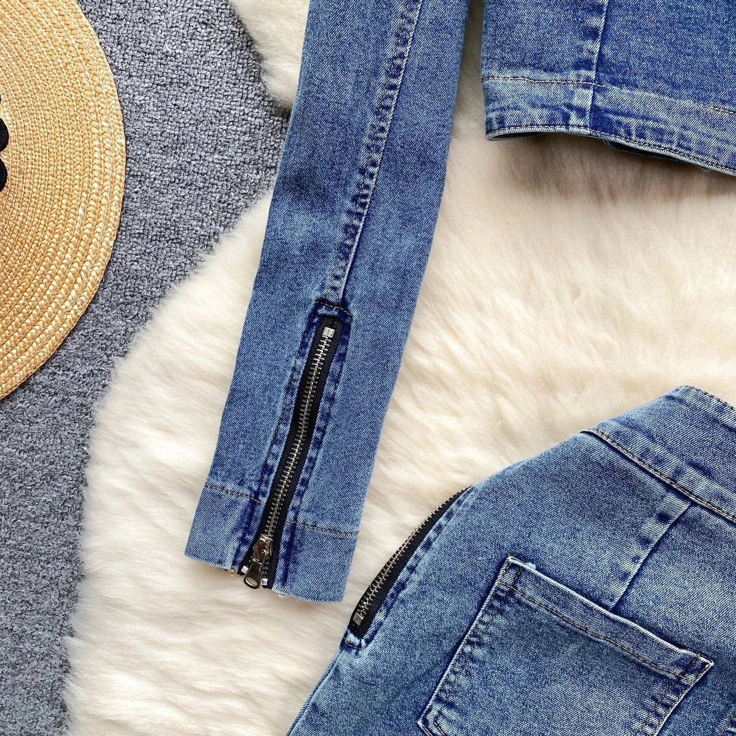 Customized Clothing Oem Factory Women  Jacket Subtle Stretch Denim Fabric With Button Cuffs
