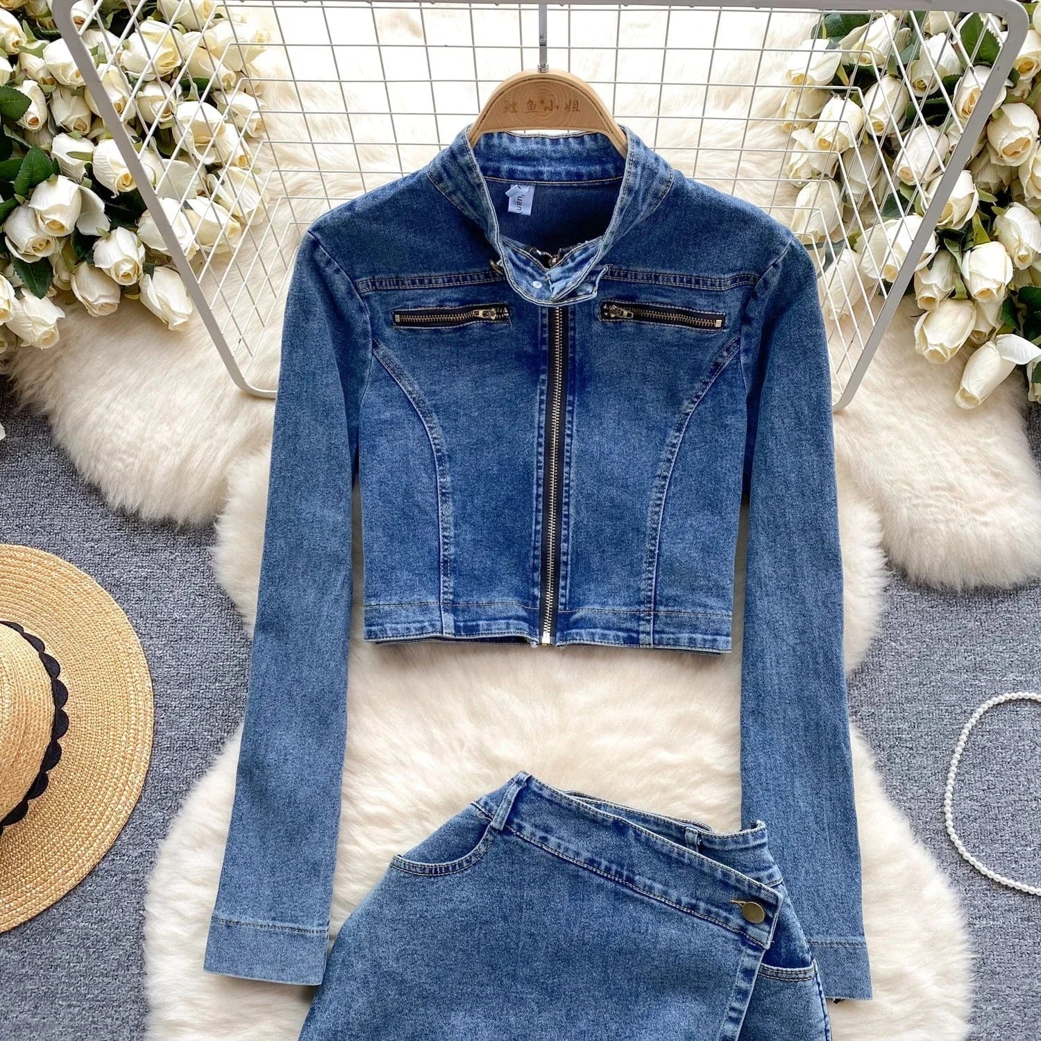 Customized Clothing Oem Factory Women  Jacket Subtle Stretch Denim Fabric With Button Cuffs