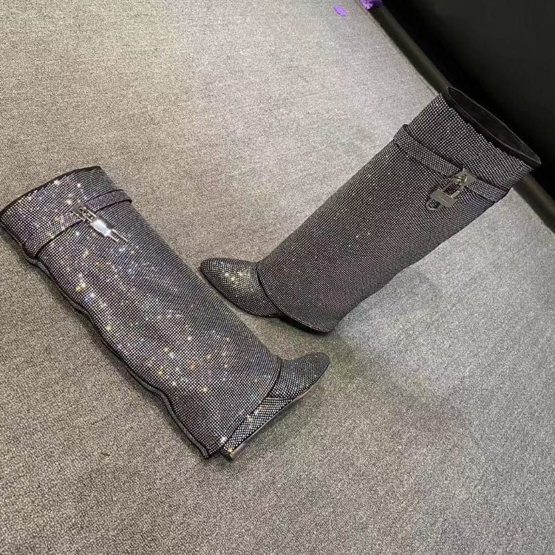 Cut Pants Botas Alto Height Increasing Lock Decorated Wedge Heel Shoes Women Diamond Rhinestone Boots