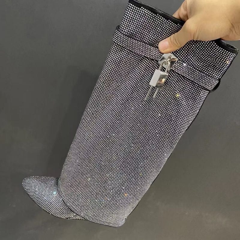 Cut Pants Botas Alto Height Increasing Lock Decorated Wedge Heel Shoes Women Diamond Rhinestone Boots