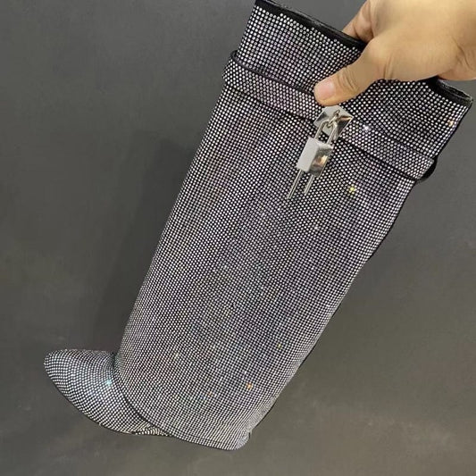 Cut Pants Botas Alto Height Increasing Lock Decorated Wedge Heel Shoes Women Diamond Rhinestone Boots