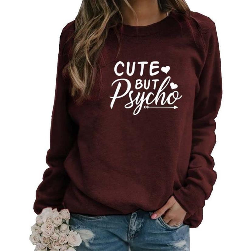 Cute But Psycho Letters Love Print Long Sleeve Round Neck Pullovers For Women Women Kawaii Sweatshirt Femmes Tops Hoody Plus Siz