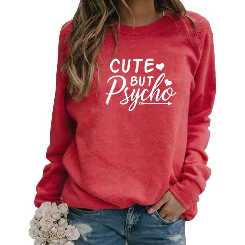 Cute But Psycho Letters Love Print Long Sleeve Round Neck Pullovers For Women Women Kawaii Sweatshirt Femmes Tops Hoody Plus Siz