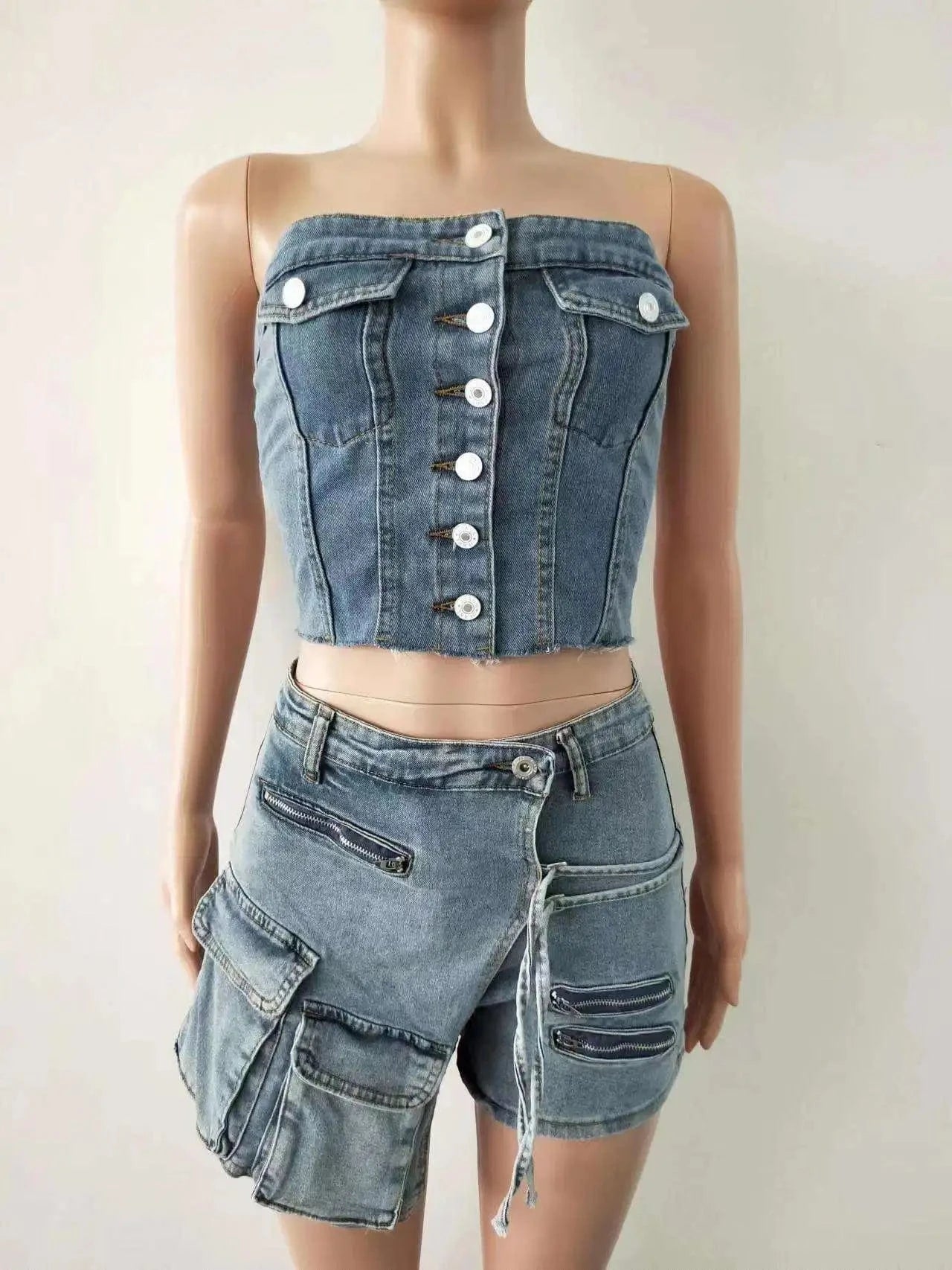 CUTENOVA 23ST123005 Trending Jeans Shorts Two Piece Outfits Stretch Jean Tube Top with Denim Cargo Skorts 2 Piece Set for Women