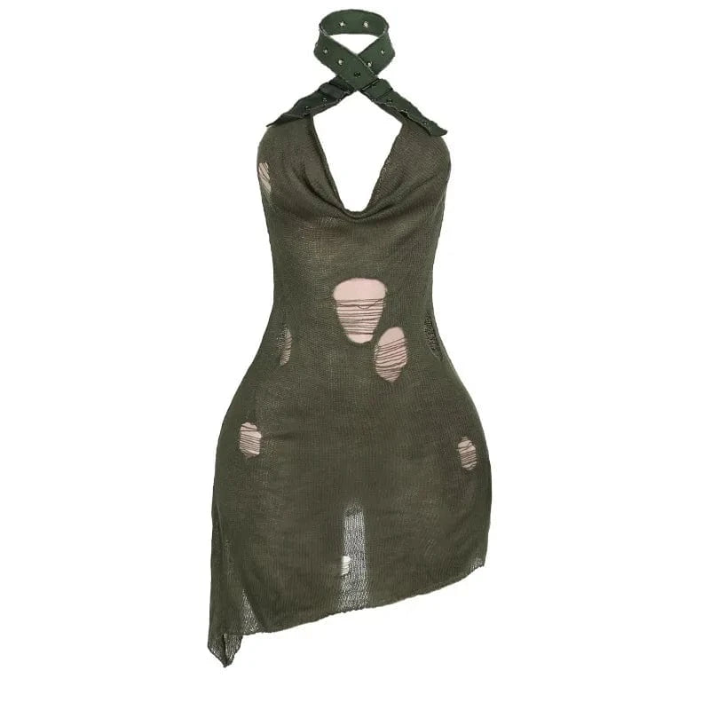 CUTENOVA 24DS0109 Sexy 2024 Ripped Hip Halter Irregular Knitted Dresses Women Fashion Bodycon Mini Dress