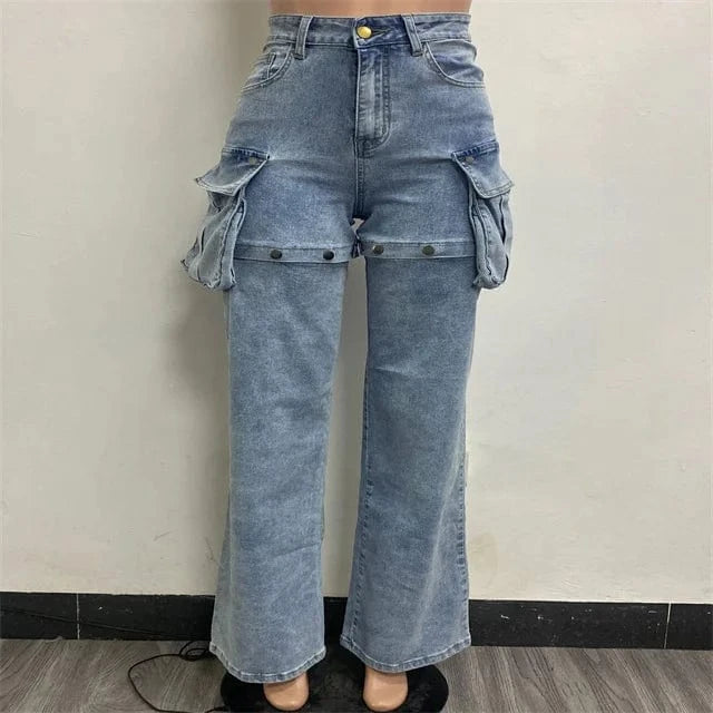 CUTENOVA 24PT010307 Fashion Streetwear Pockets Removable Jean Shorts Cargo Women Denim Wide Leg Pants For Ladies