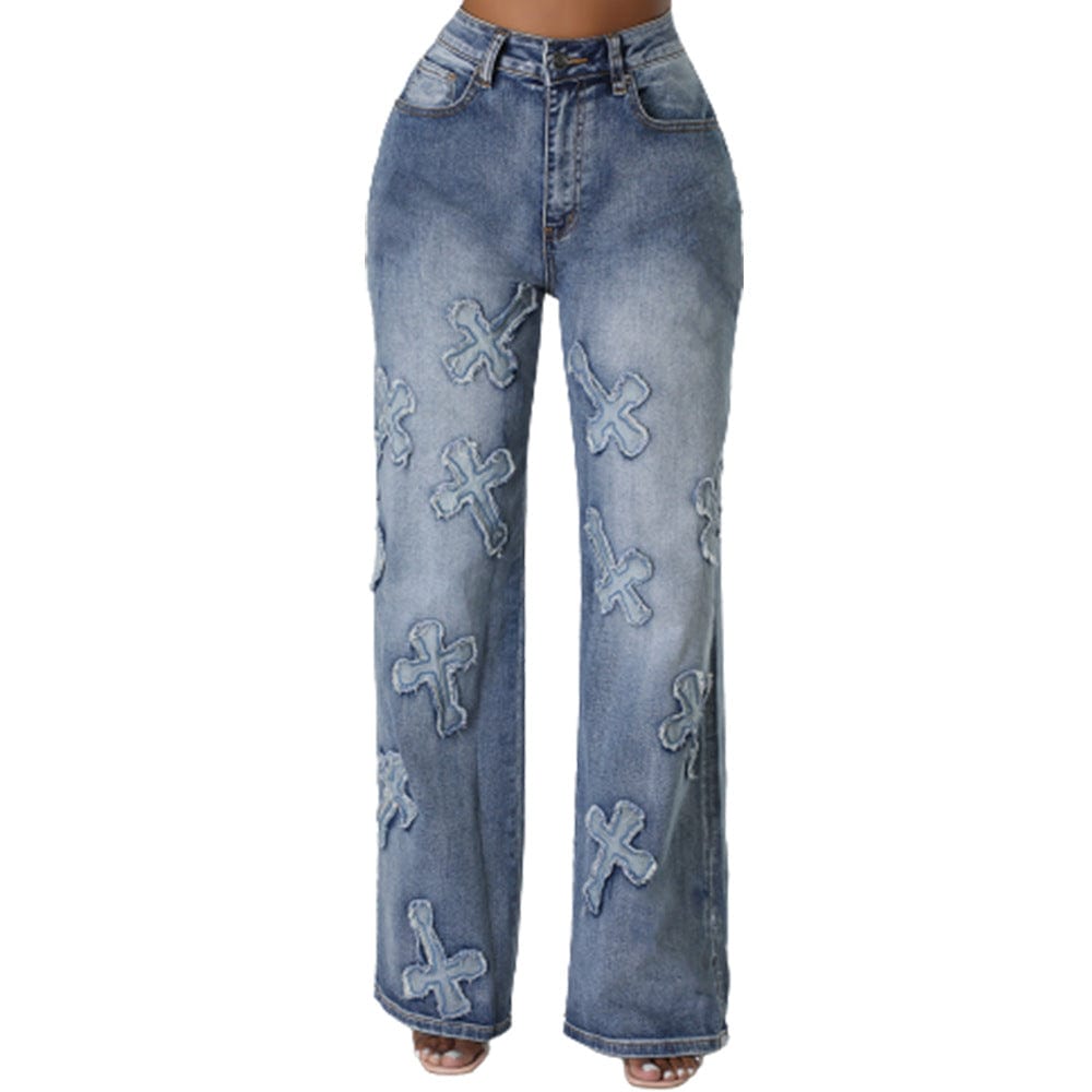 CUTENOVA MY23PT920 INS Trending Women Clothing Casual Cross Print Trousers Denim Cargo Pants For Ladies Women's Pants