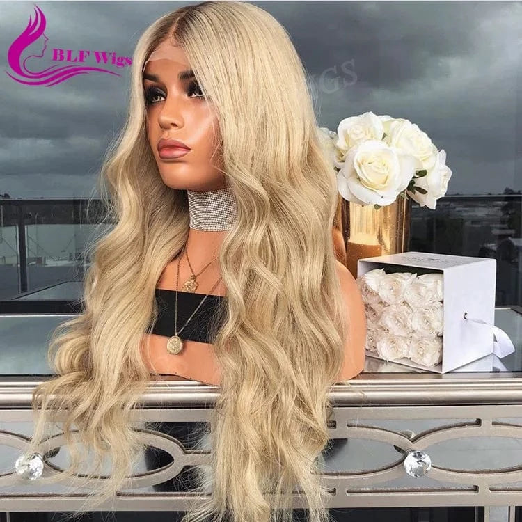 Cuticle Aligned Blonde Human Hair Full Lace Wig with Dark Root Ombre