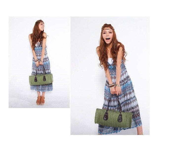 Cylindrical Long Basket  Mexican Straw Bag High Capacity Green Bag